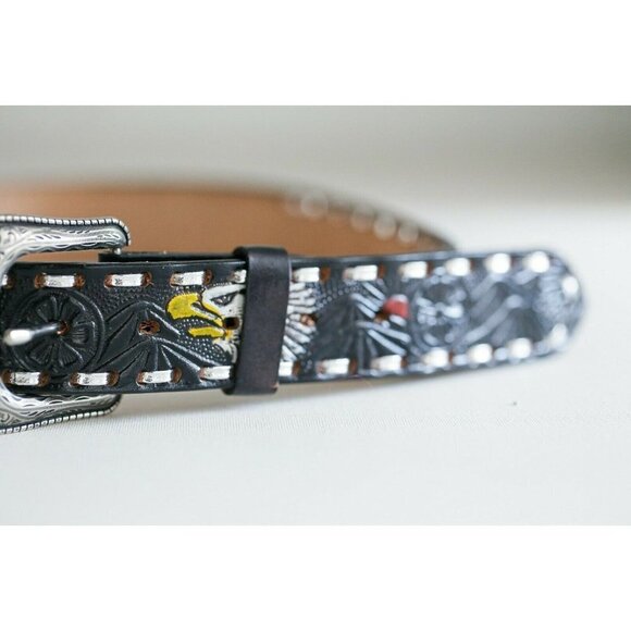 Hand Tooled Painted Bold Eagle Whipstitch Black Leather Belt - Picture 4 of 8